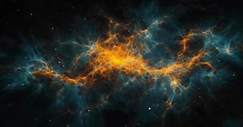 Closeup, design and brain neurons background for motion, neuroscience and chemistry dynamic. Ai generated, abstract and creative banner art for genetic impulse, neurology and psychedelic mockup space.