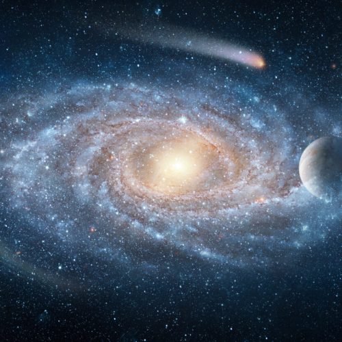 View from space to the Galaxies, stars, comet, asteroid, meteorite, nebula, Saturn. Cosmic panorama of the universe. Space travel fantasy. Elements of this image furnished by NASA
