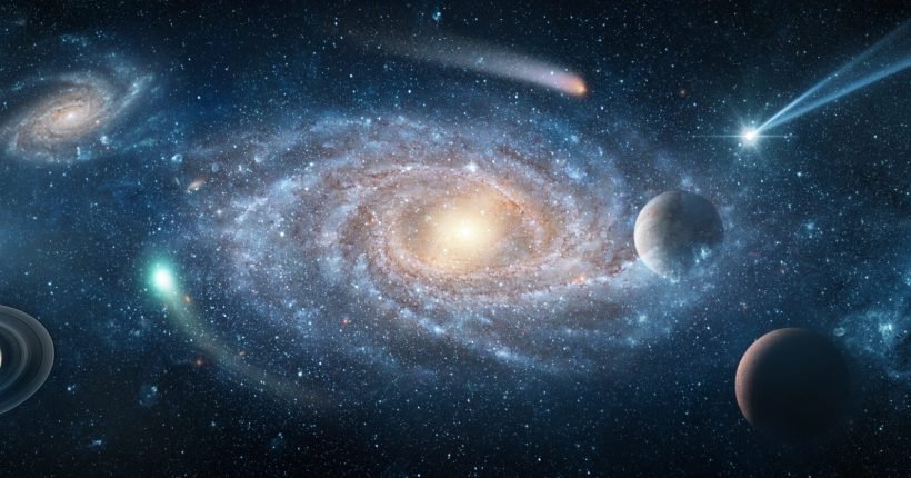 View from space to the Galaxies, stars, comet, asteroid, meteorite, nebula, Saturn. Cosmic panorama of the universe. Space travel fantasy. Elements of this image furnished by NASA